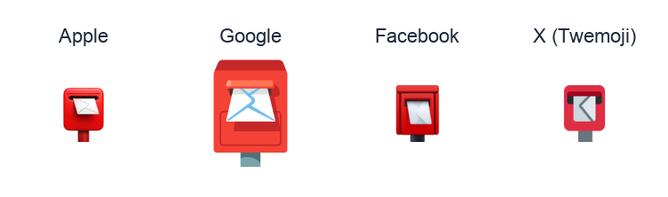 Postbox emoji artwork compared side by side for Apple, Google Noto, Facebook, and X Twemoji styles on white.