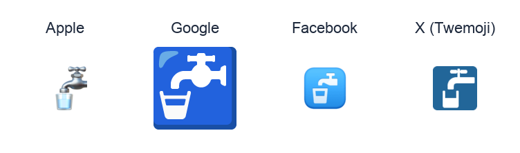 Potable Water Symbol emoji artwork compared side by side for Apple, Google Noto, Facebook, and X Twemoji styles on white.