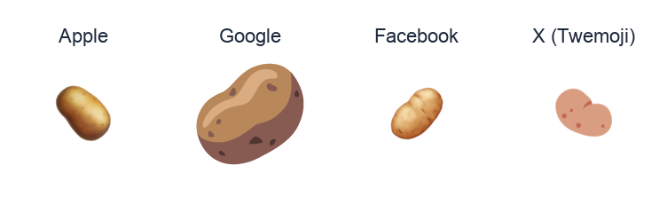 Potato emoji artwork compared side by side for Apple, Google Noto, Facebook, and X Twemoji styles on white.