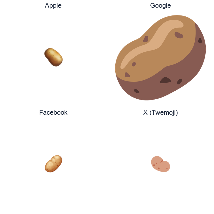Potato emoji in a square grid: Apple and Google on the top row, Facebook and X Twemoji on the bottom, on white.