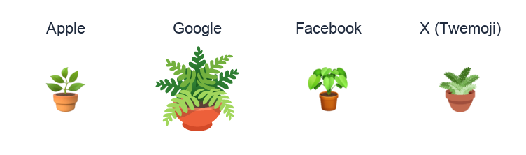Potted Plant emoji artwork compared side by side for Apple, Google Noto, Facebook, and X Twemoji styles on white.