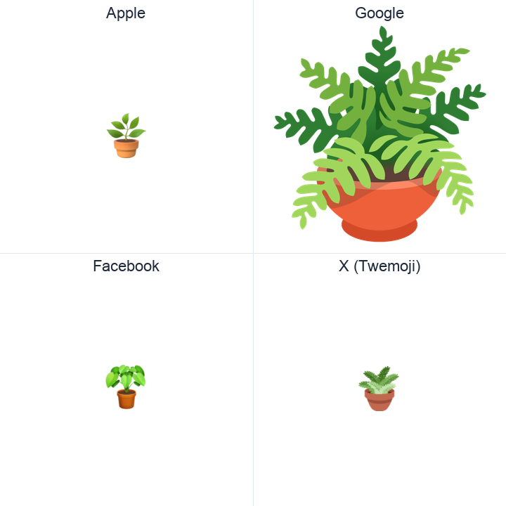 Potted Plant emoji in a square grid: Apple and Google on the top row, Facebook and X Twemoji on the bottom, on white.