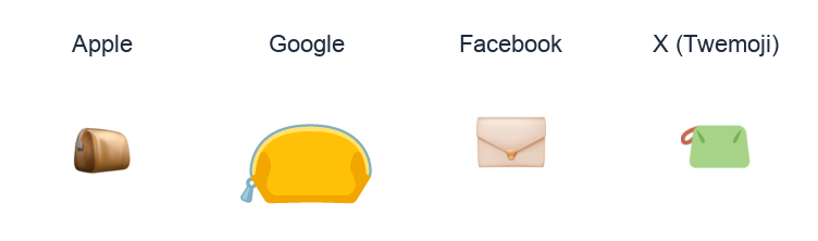 Pouch emoji artwork compared side by side for Apple, Google Noto, Facebook, and X Twemoji styles on white.