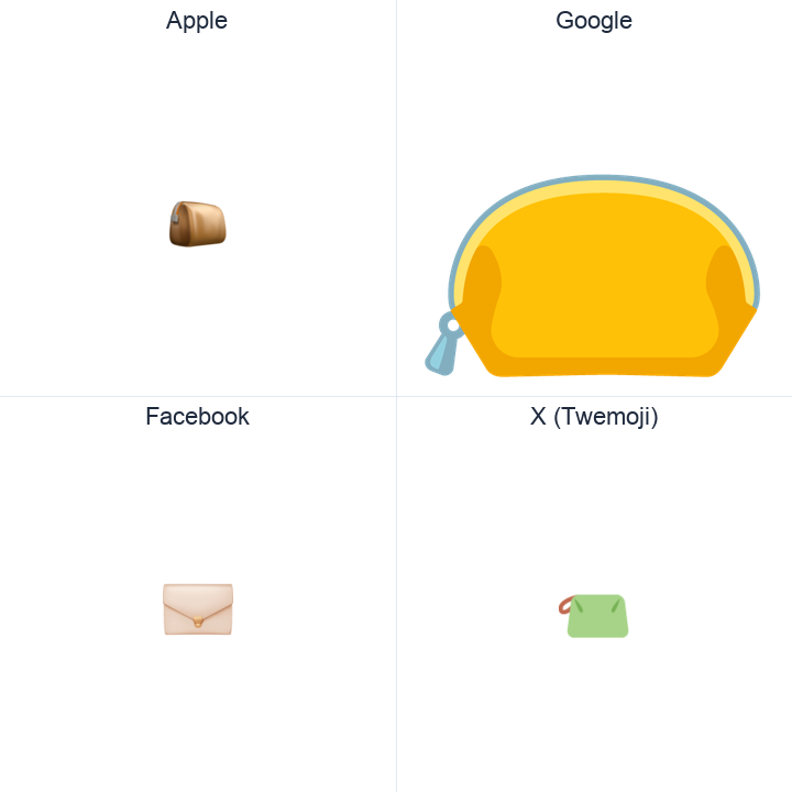 Pouch emoji in a square grid: Apple and Google on the top row, Facebook and X Twemoji on the bottom, on white.