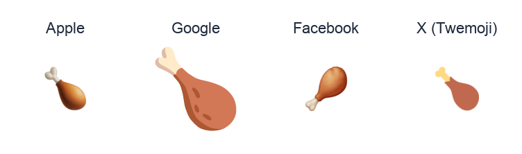Poultry Leg emoji artwork compared side by side for Apple, Google Noto, Facebook, and X Twemoji styles on white.
