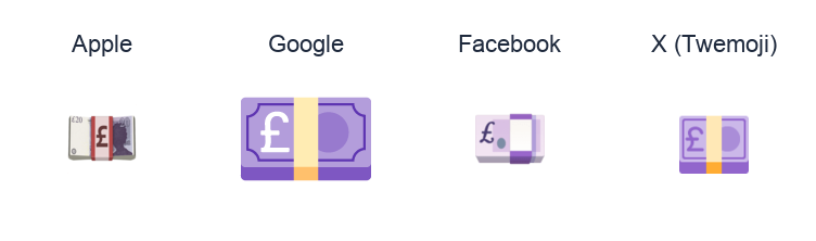 Banknote With Pound Sign emoji artwork compared side by side for Apple, Google Noto, Facebook, and X Twemoji styles on white.