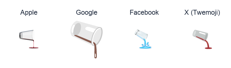 Pouring Liquid emoji artwork compared side by side for Apple, Google Noto, Facebook, and X Twemoji styles on white.