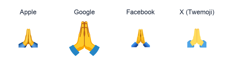 Person With Folded Hands emoji artwork compared side by side for Apple, Google Noto, Facebook, and X Twemoji styles on white.