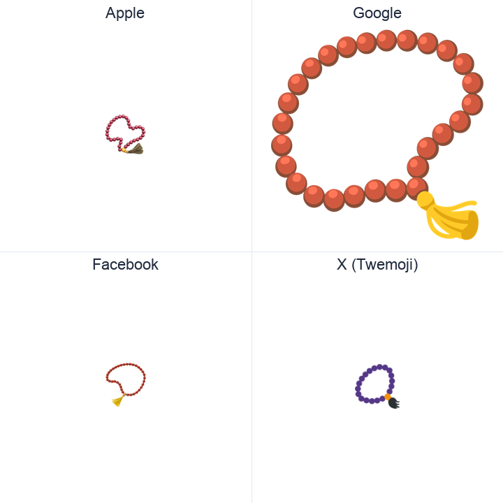 Prayer Beads emoji in a square grid: Apple and Google on the top row, Facebook and X Twemoji on the bottom, on white.
