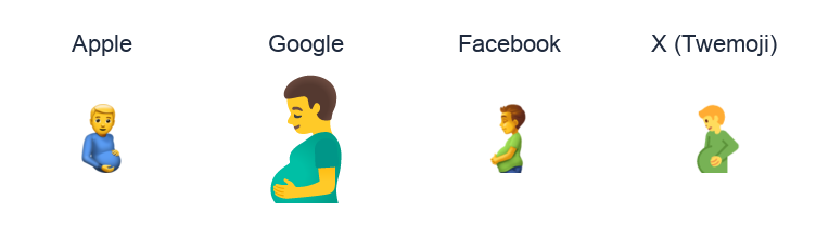 Pregnant Man emoji artwork compared side by side for Apple, Google Noto, Facebook, and X Twemoji styles on white.