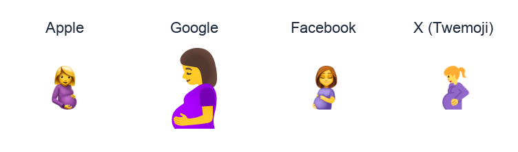 Pregnant Woman emoji artwork compared side by side for Apple, Google Noto, Facebook, and X Twemoji styles on white.