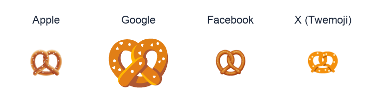 Pretzel emoji artwork compared side by side for Apple, Google Noto, Facebook, and X Twemoji styles on white.