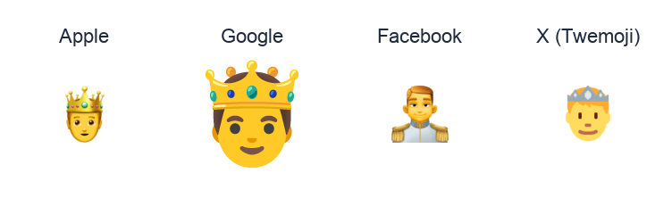 Prince emoji artwork compared side by side for Apple, Google Noto, Facebook, and X Twemoji styles on white.