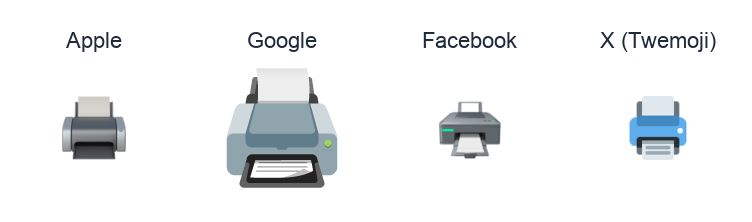 Printer emoji artwork compared side by side for Apple, Google Noto, Facebook, and X Twemoji styles on white.