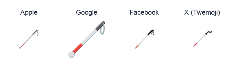 Probing Cane emoji artwork compared side by side for Apple, Google Noto, Facebook, and X Twemoji styles on white.