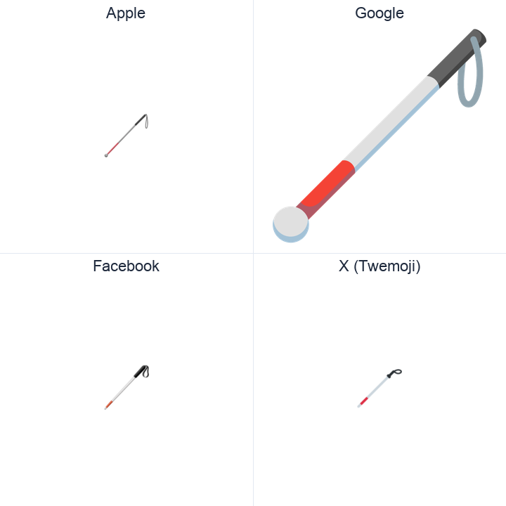 Probing Cane emoji in a square grid: Apple and Google on the top row, Facebook and X Twemoji on the bottom, on white.