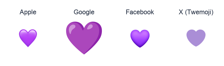 Purple Heart emoji artwork compared side by side for Apple, Google Noto, Facebook, and X Twemoji styles on white.