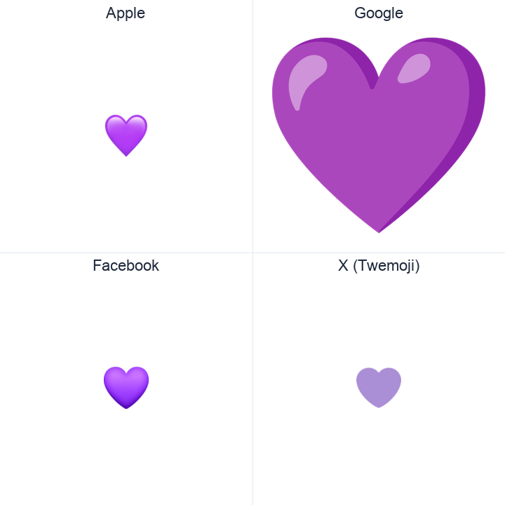 Purple Heart emoji in a square grid: Apple and Google on the top row, Facebook and X Twemoji on the bottom, on white.