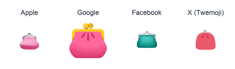 Purse emoji artwork compared side by side for Apple, Google Noto, Facebook, and X Twemoji styles on white.
