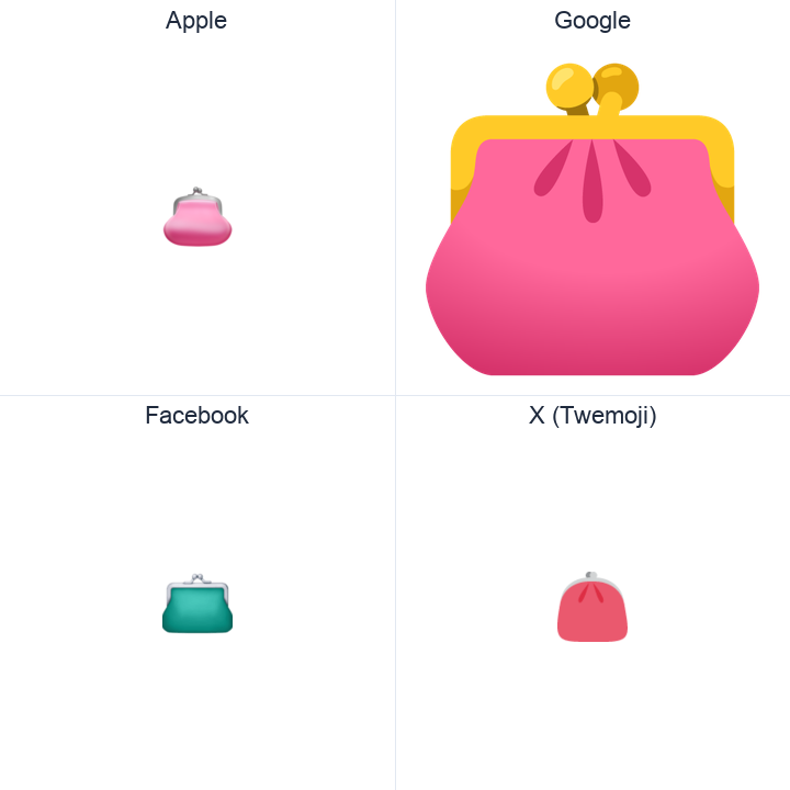 Purse emoji in a square grid: Apple and Google on the top row, Facebook and X Twemoji on the bottom, on white.