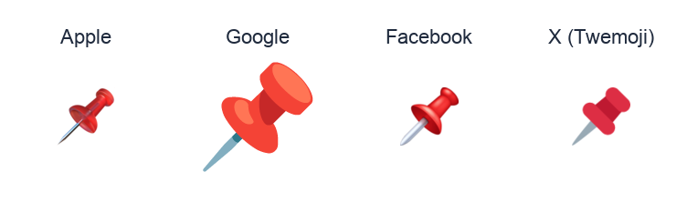 Pushpin emoji artwork compared side by side for Apple, Google Noto, Facebook, and X Twemoji styles on white.