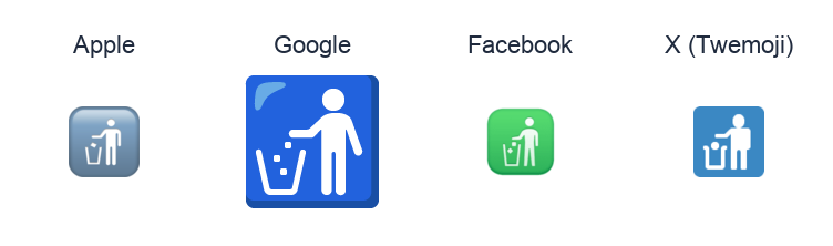 Put Litter In Its Place Symbol emoji artwork compared side by side for Apple, Google Noto, Facebook, and X Twemoji styles on white.