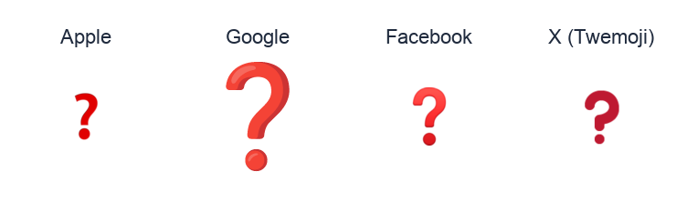 Black Question Mark Ornament emoji artwork compared side by side for Apple, Google Noto, Facebook, and X Twemoji styles on white.