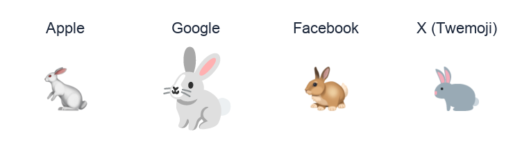 Rabbit emoji artwork compared side by side for Apple, Google Noto, Facebook, and X Twemoji styles on white.