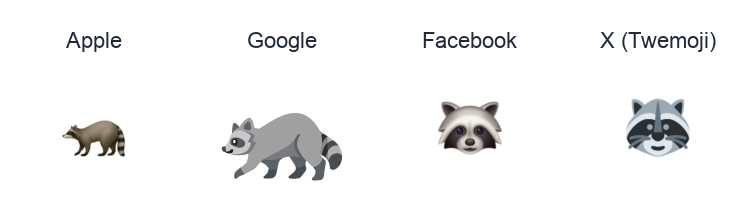 Raccoon emoji artwork compared side by side for Apple, Google Noto, Facebook, and X Twemoji styles on white.
