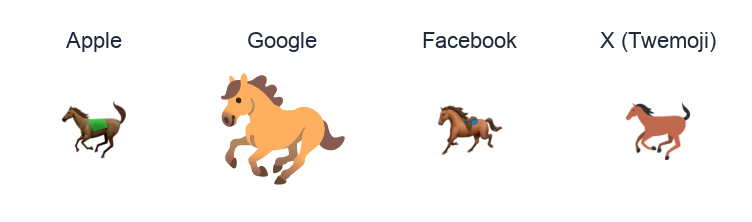Horse emoji artwork compared side by side for Apple, Google Noto, Facebook, and X Twemoji styles on white.