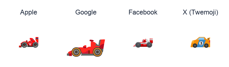 Racing Car emoji artwork compared side by side for Apple, Google Noto, Facebook, and X Twemoji styles on white.