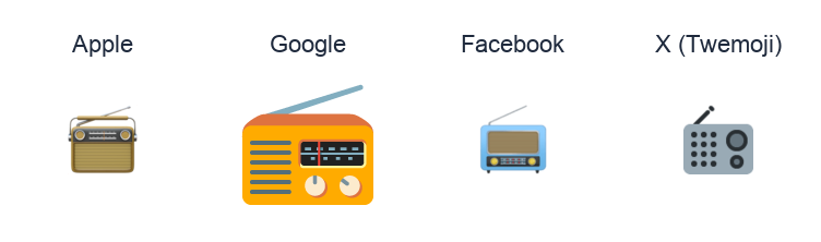 Radio emoji artwork compared side by side for Apple, Google Noto, Facebook, and X Twemoji styles on white.
