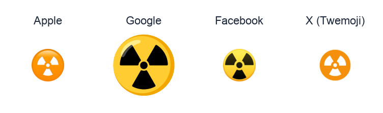 Radioactive emoji artwork compared side by side for Apple, Google Noto, Facebook, and X Twemoji styles on white.