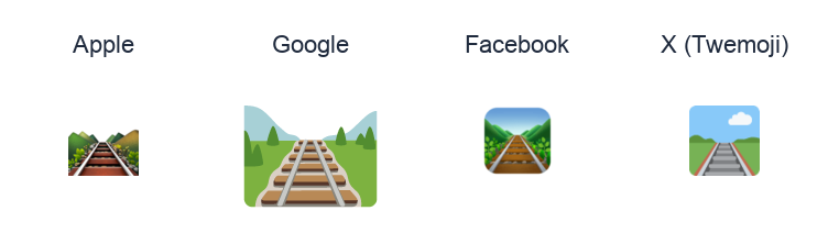 Railway Track emoji artwork compared side by side for Apple, Google Noto, Facebook, and X Twemoji styles on white.