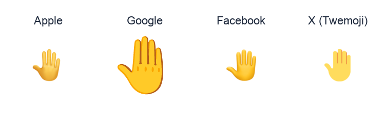 Raised Back Of Hand emoji artwork compared side by side for Apple, Google Noto, Facebook, and X Twemoji styles on white.