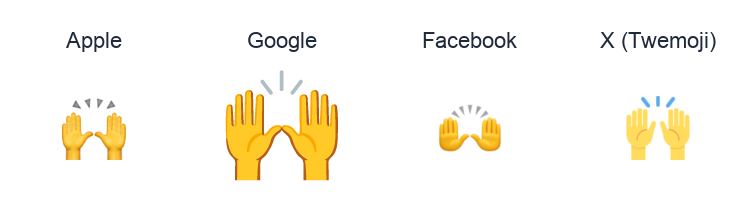 Person Raising Both Hands In Celebration emoji artwork compared side by side for Apple, Google Noto, Facebook, and X Twemoji styles on white.