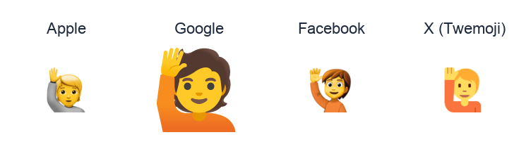 Happy Person Raising One Hand emoji artwork compared side by side for Apple, Google Noto, Facebook, and X Twemoji styles on white.