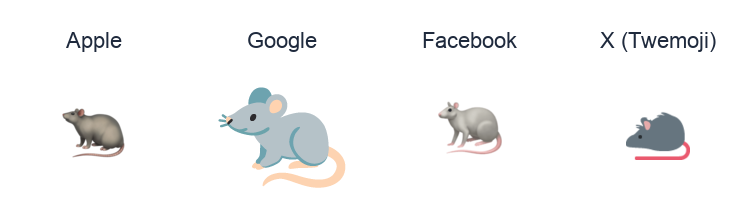 Rat emoji artwork compared side by side for Apple, Google Noto, Facebook, and X Twemoji styles on white.