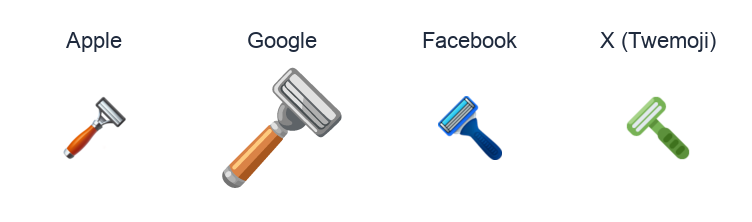 Razor emoji artwork compared side by side for Apple, Google Noto, Facebook, and X Twemoji styles on white.