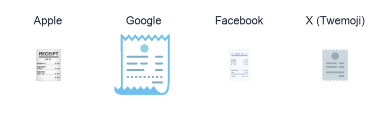 Receipt emoji artwork compared side by side for Apple, Google Noto, Facebook, and X Twemoji styles on white.