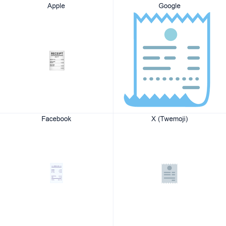 Receipt emoji in a square grid: Apple and Google on the top row, Facebook and X Twemoji on the bottom, on white.