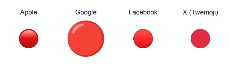 Large Red Circle emoji artwork compared side by side for Apple, Google Noto, Facebook, and X Twemoji styles on white.