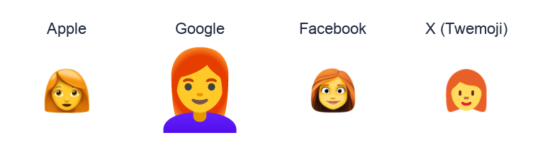 Woman: Red Hair emoji artwork compared side by side for Apple, Google Noto, Facebook, and X Twemoji styles on white.
