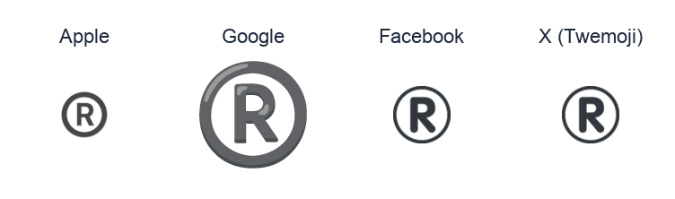 Registered Sign emoji artwork compared side by side for Apple, Google Noto, Facebook, and X Twemoji styles on white.