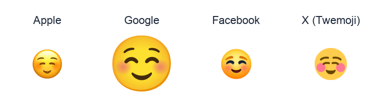 White Smiling Face emoji artwork compared side by side for Apple, Google Noto, Facebook, and X Twemoji styles on white.