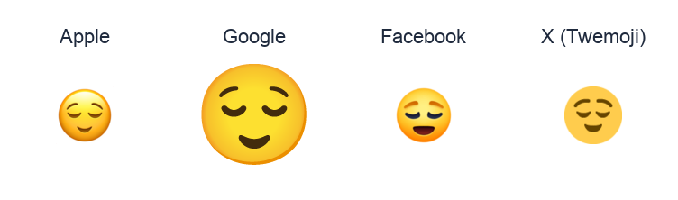 Relieved Face emoji artwork compared side by side for Apple, Google Noto, Facebook, and X Twemoji styles on white.
