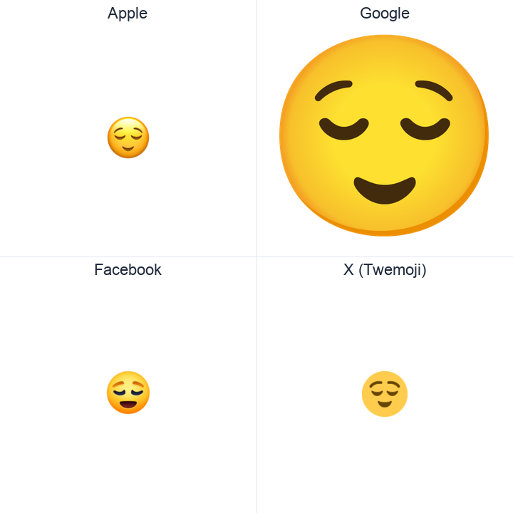 Relieved Face emoji in a square grid: Apple and Google on the top row, Facebook and X Twemoji on the bottom, on white.