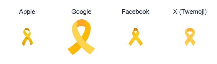 Reminder Ribbon emoji artwork compared side by side for Apple, Google Noto, Facebook, and X Twemoji styles on white.