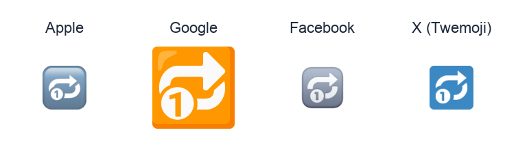 Clockwise Rightwards And Leftwards Open Circle Arrows With Circled One Overlay emoji artwork compared side by side for Apple, Google Noto, Facebook, and X Twemoji styles on white.