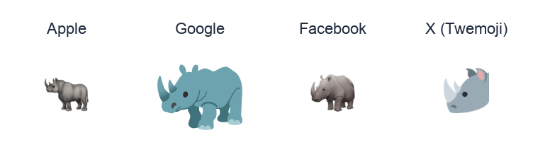 Rhinoceros emoji artwork compared side by side for Apple, Google Noto, Facebook, and X Twemoji styles on white.